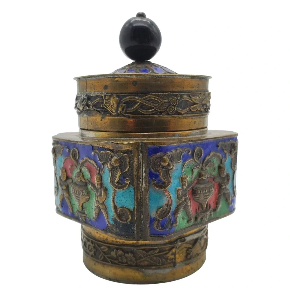 Brass Cloisonné Enamel Hexagonal Trinket Box Jewel Tone Floral Panels Boho Decor
